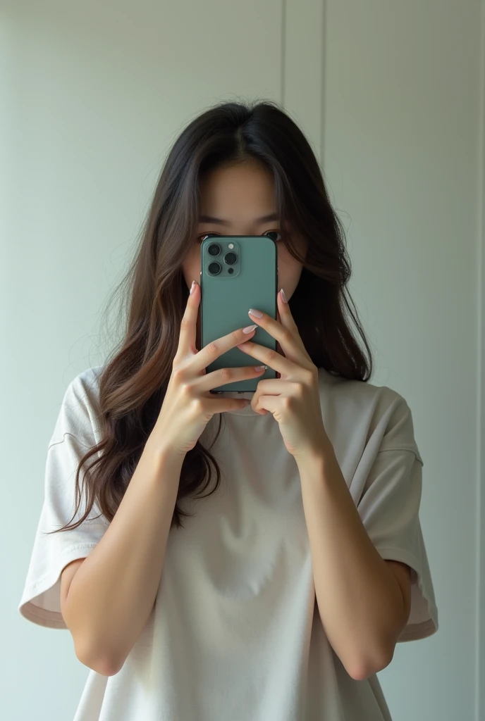 mirror越しに自撮りしてる女性、mirror、Long Hair，The iPhone 12 Pro hides his entire face、I can&#39;t see your face、Beautiful woman、Standing shot showing the whole body and even the feet、Wearing a t-shirt、Japanese