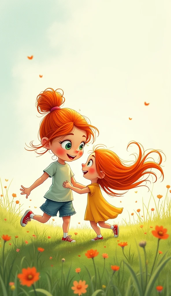 A pencil sketch drawing colourful of a mother and daughter with orange coloured hair .mother have hair bun tie up hair . and daughter have open hair blowing with wind playing in the fields with fast air blowing daughter hair. Both have big facial features , big eyes and big face .skin color is light skin .
Cartoonic image and create it a first page of the book add toand from options in image lighting should be light. Not bright