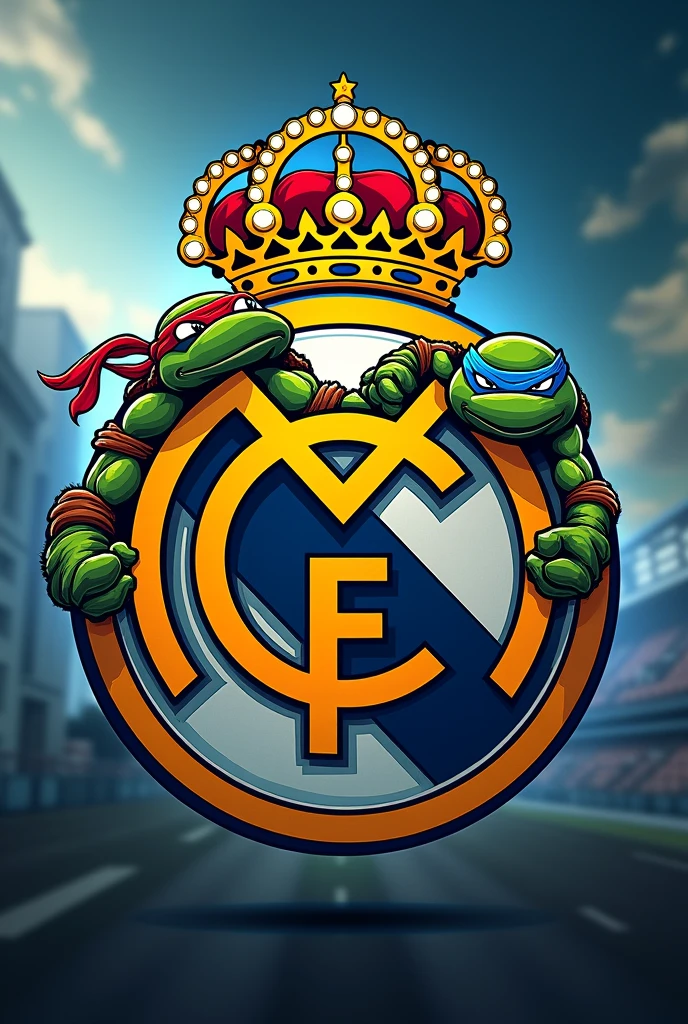 FOOTBALL TEAM LOGO WITH THE REAL MADRID SHIELD AND THE NINJA TURTLES THAT HAS THE NAME OF PUTINES FC