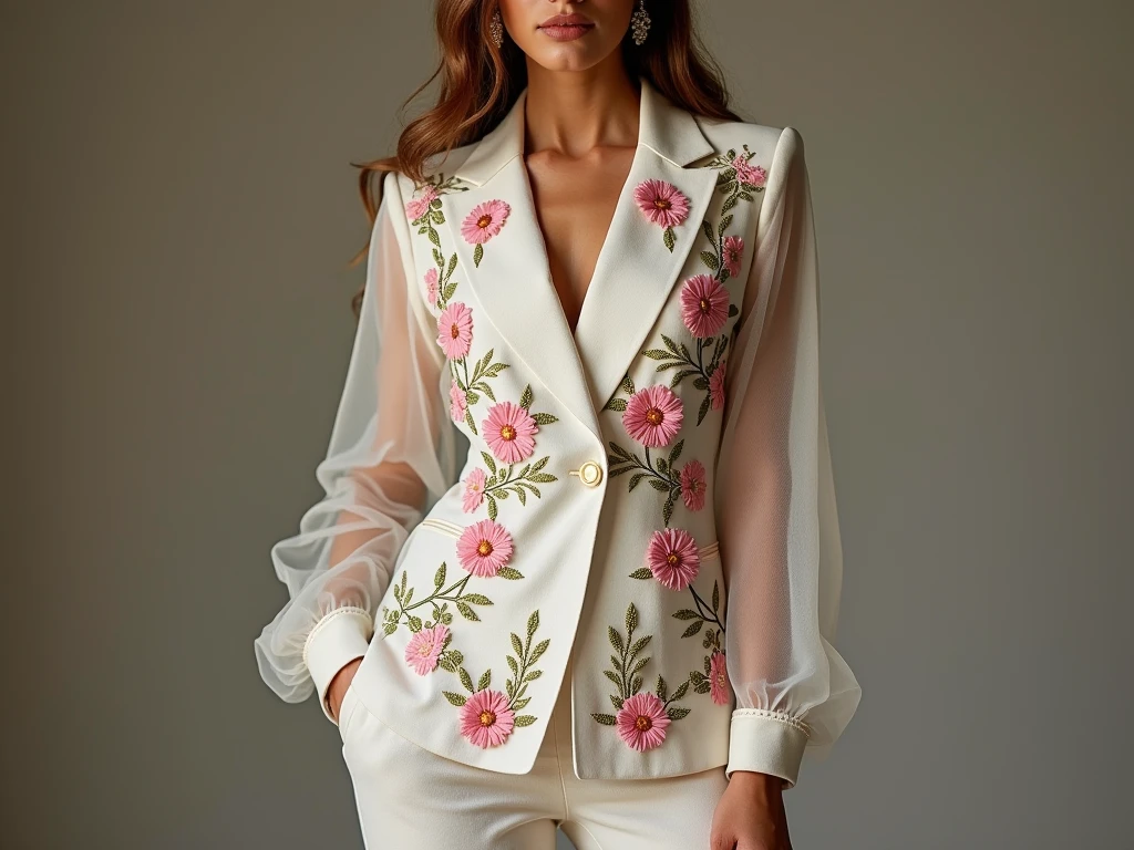 Women&#39;s mesh suit with embroidery flowers with monograms