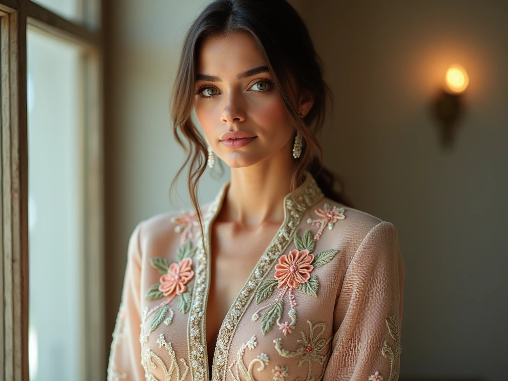 Women&#39;s mesh suit with embroidery flowers with monograms