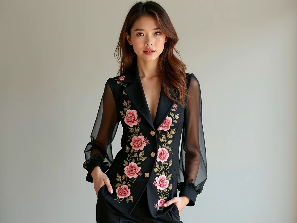 Women's mesh suit with embroidery flowers with monograms