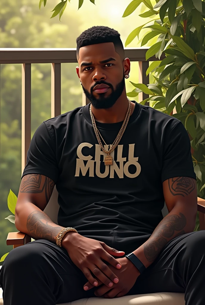 (photorealism:1.2), A brown skin handsome gentlemen, sitting on balcony, wearing black t shirt with a writing says Vans Chill Muno, vans long black pants, low fade normal black hair, neat black hair style, low fade, chris Brown low fade, beard style, smooth pose, outdoors, soft lighting, plants in background, with view of sunlight, ccozy day, relaxed pose, realistic, reality, intricate details, warm colors, by Greg Rutkowski, by Alphonse Mucha