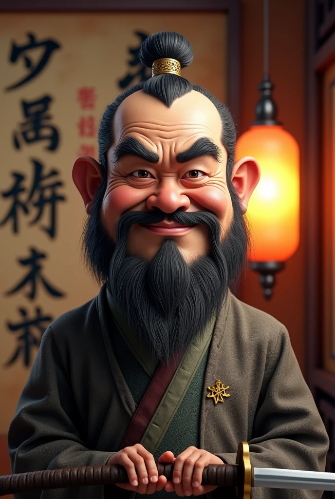 realistic funny 3D caricature image similar to a real photo. a middle-aged Chinese swordsman. Chinese writing background, photo lamp