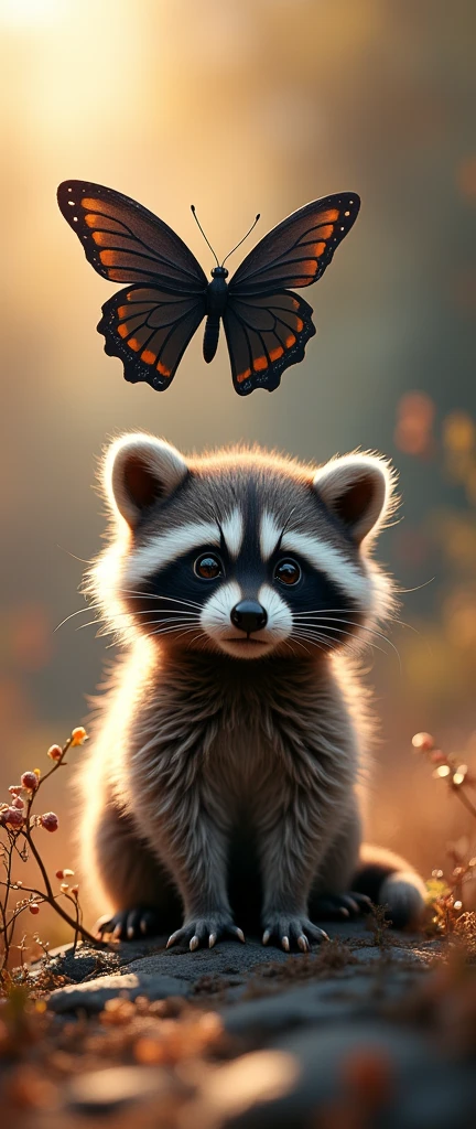 A captivating, conceptual photograph of an adorably fluffy baby raccoon, captured in a realistic style. The raccoon is sitting on a soft, textured surface, surrounded by a vibrant and ethereal oil painting-inspired background. A single, three-dimensional black butterfly hovers above the raccoon, casting a mesmerizing shadow. The unique lighting and dynamic contrast create a serene atmosphere, with the butterfly serving as the centerpiece of this enchanting scene., 3d render, photo, conceptual art