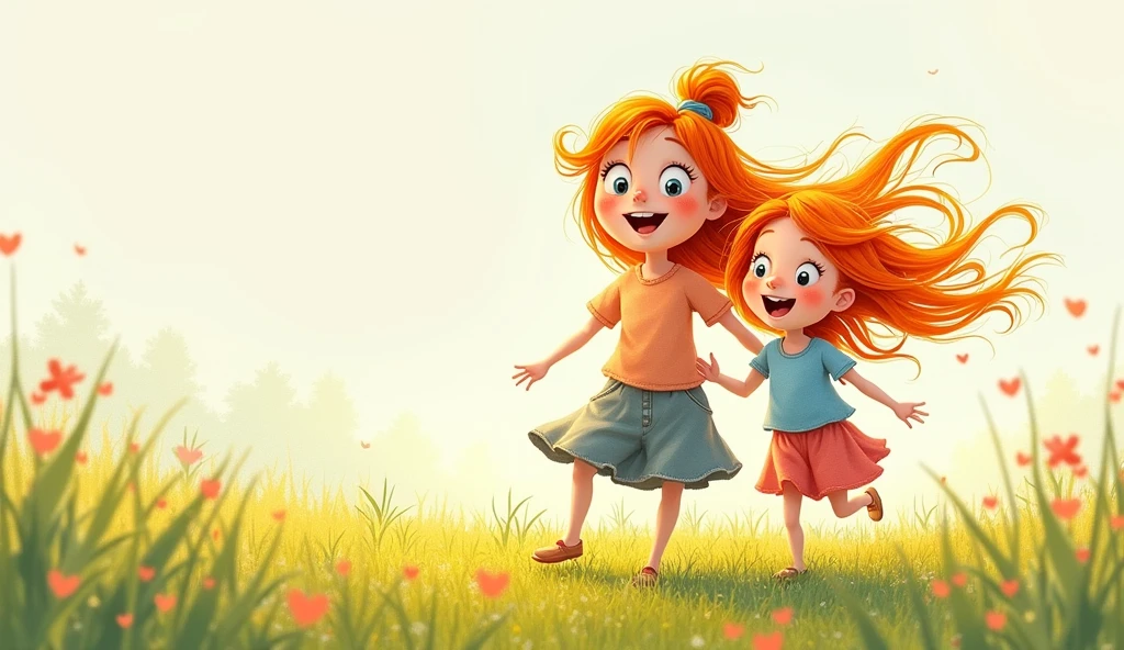 A pencil sketch drawing colourful of a mother and daughter with orange coloured hair .mother have hair bun tie up hair . and daughter have open hair blowing with wind playing in the fields with fast air blowing daughter hair. Both have big facial features , big eyes and big face .skin color is light skin .
Cartoonic image and create it a first page of the book add toand from options in image lighting should be light. Not bright