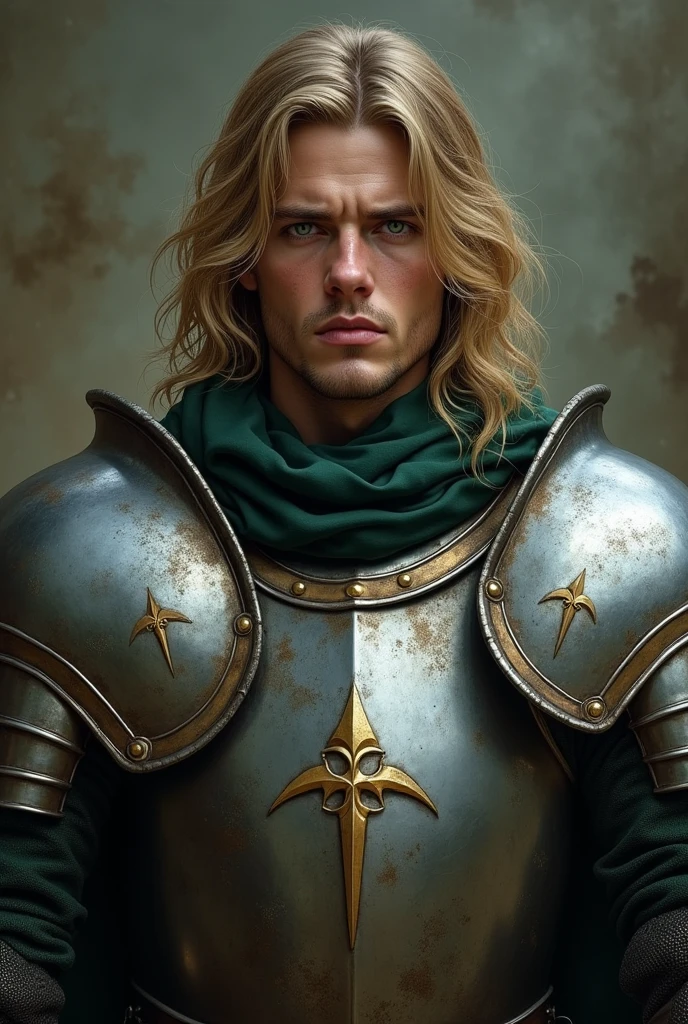 Handsome Italian soldier, 22 years old, long blond hair and intense green eyes. Wearing medieval steel armor, with a melancholic expression, and sad eyes