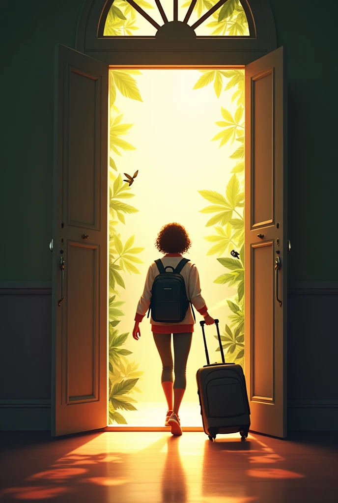 A college student, entering a door, with a backpack, suitcase at side, sunrays coming from inside tge door, leaves and trees, birds
