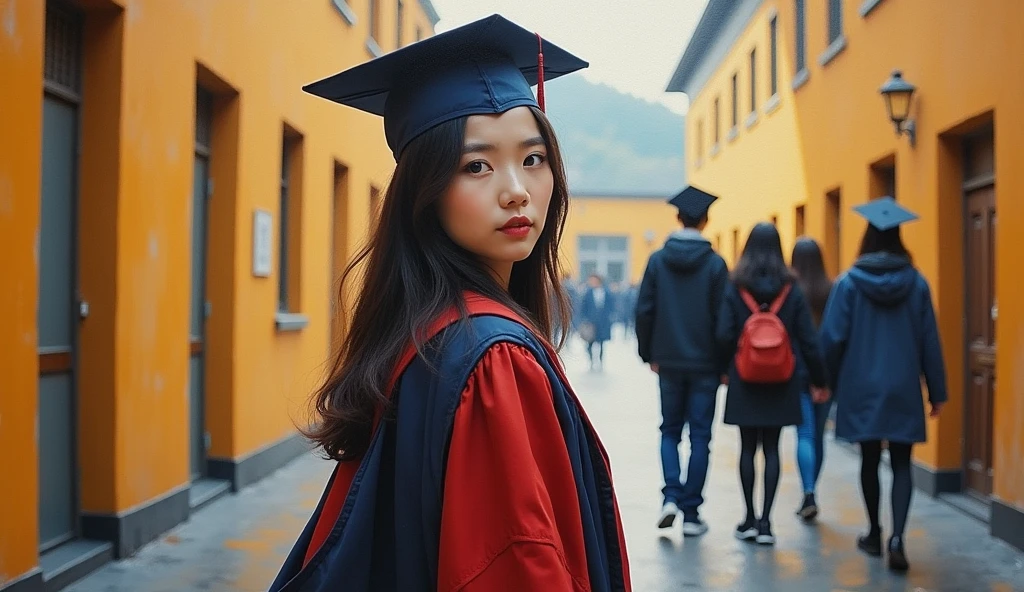 A stunning and oil painting of a young Korean woman, beautifully portrayed with a joyful and melancholic expression. She is standing amidst at her collage corridor, holding her degree, her friends stand close together, beside her, feeling happy for her. side view, wide angle, adding to the sense of unease. The painting exhibits a real-like, impressionistic style, with visible brushstrokes that create a sense of depth and texture. The color palette primarily consists of bright warm, evoking a light atmosphere. wide angle shot, realistic, zoom out