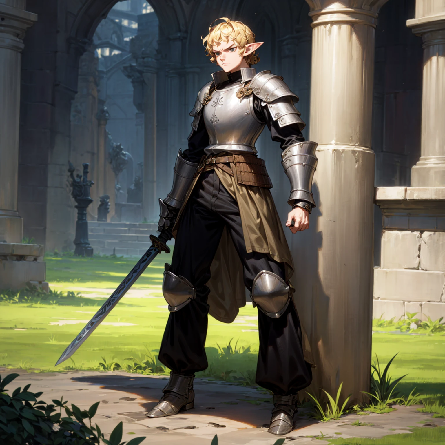 Solo character, full body version, man, tall height, (elf), black eyes, blonde color hair, Curly haircut, soldier knight clothing, heavy armored, long pants, boots, outdoor, town, medieval, standing gesture, detailed background, detailed clothing, detailed hair, (one piece style art), sword in hand, angry eyes
