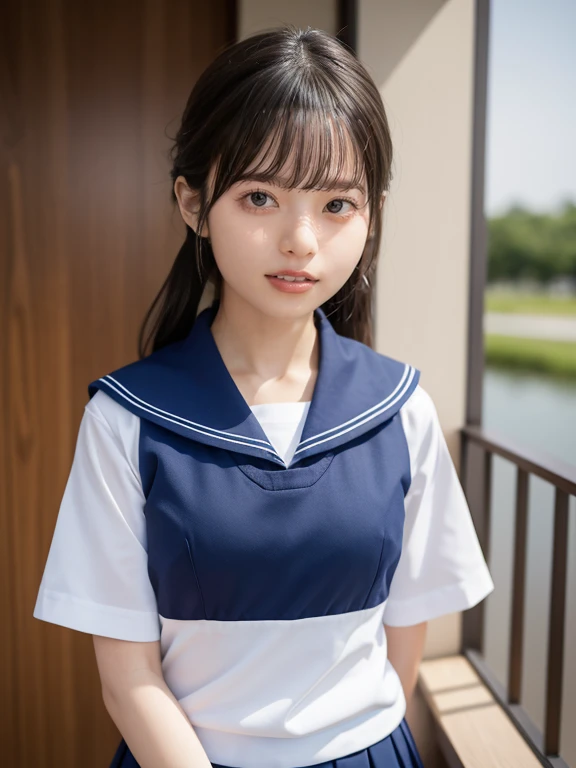masterpiece, Highest quality, 8k, , Japanese, thin, RAW Photos, Absurd, Award-winning portraits, (詳new顔, smile), alone, school uniform, Sailor suit, Short sleeve, Idol's face, Ultra mini skirt, 短いshoes下, thin脚, shoes, (Go down the stairs, whole body shot from the bottom of the stairs, whole body shot from a Low Angle, 詳new顔), refreshing smile, thin girl, Black Hair, Iris, whole body, Digital single-lens reflex camera, Looking at the audience, Frank, Sophisticated, like々new, 完璧なwhole bodyバランス, (Low Angle), Professional Lighting, (Eye and facial details: 1.0), (Bokeh: 1.1)