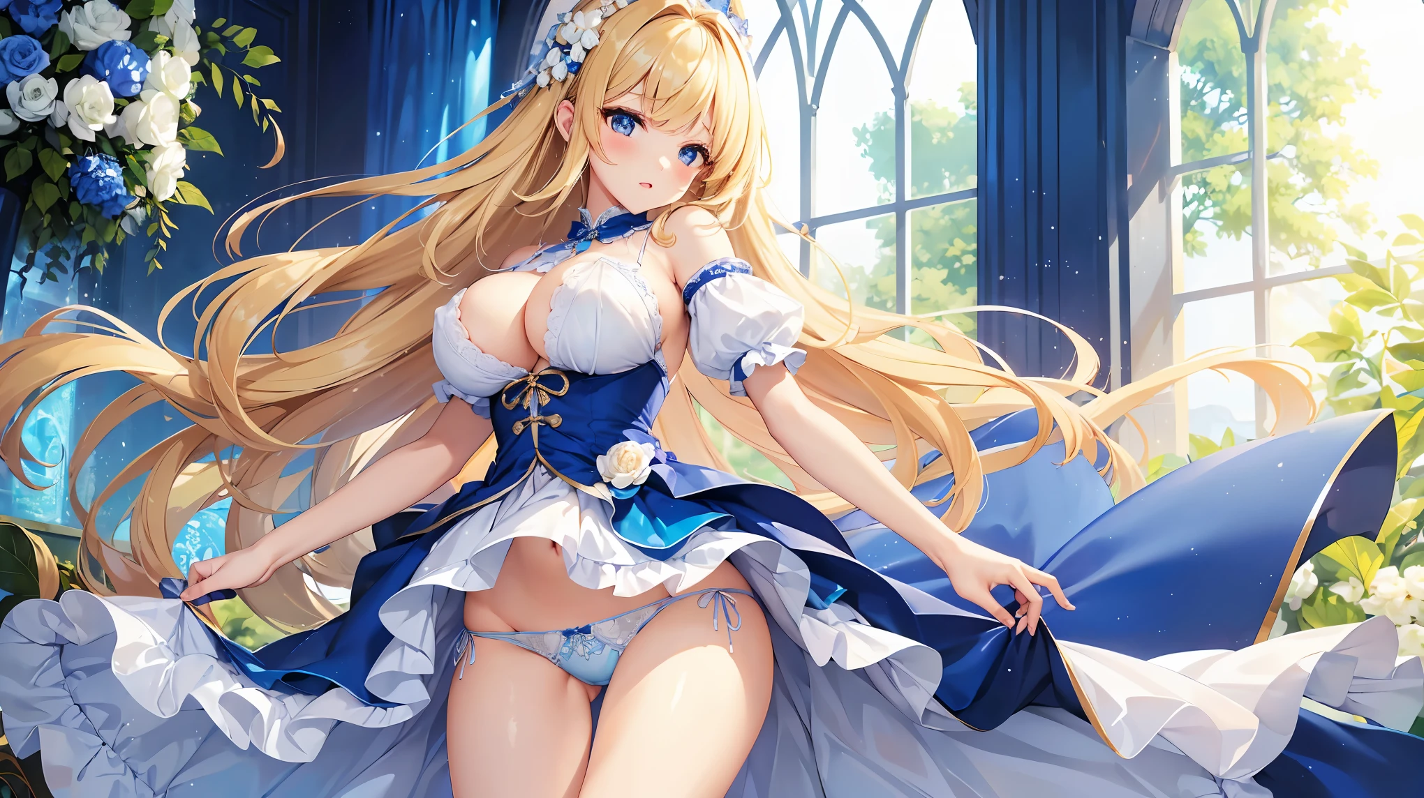 ((Highest quality、High resolution))、Beautiful woman、Perfect body、Beautiful and bountiful breasts、(tits)、long blond、bangs、Blue and white、Embellished blue sexy dress、skirt、(((Showing panties、I'm tempting you、A woman opening her legs and inviting sex)))、Outdoor Scenery