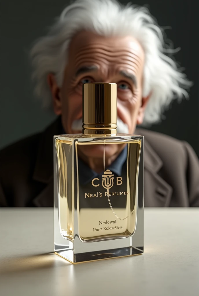 Square clear glass perfume bottle with logo Neal's Perfumes and cylindrical golden cap . Albert Einstein in Background 