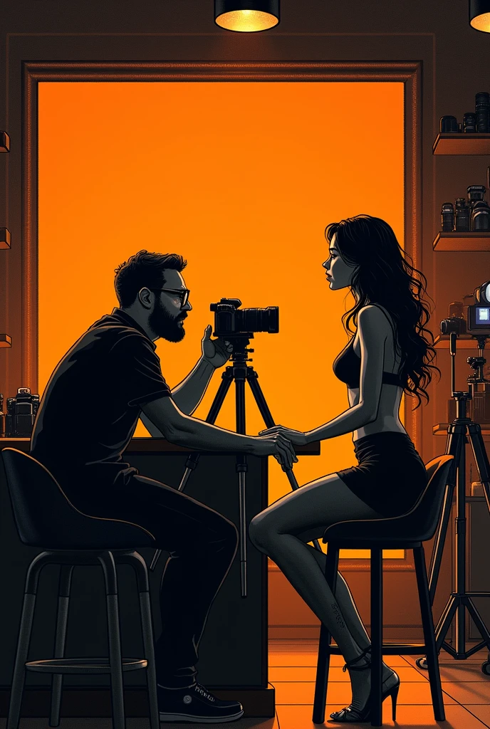 There is a 30-year-old photographer，Photographing a beautiful woman，Photographer with short beard,  short hair, (slightly overweight), wear glasses, Sit at the bar，Directing a model,, In his studio, With tripod，Using the Camera, There are many cameras in the cabinet，Popular on Art Station, Play Techno House Music, Music playing, listen to music, Milton Caniff (Milton Caniff) Beautiful illustrations, Duotone, Two colors, Black and Orange, , , ink, masterpiece