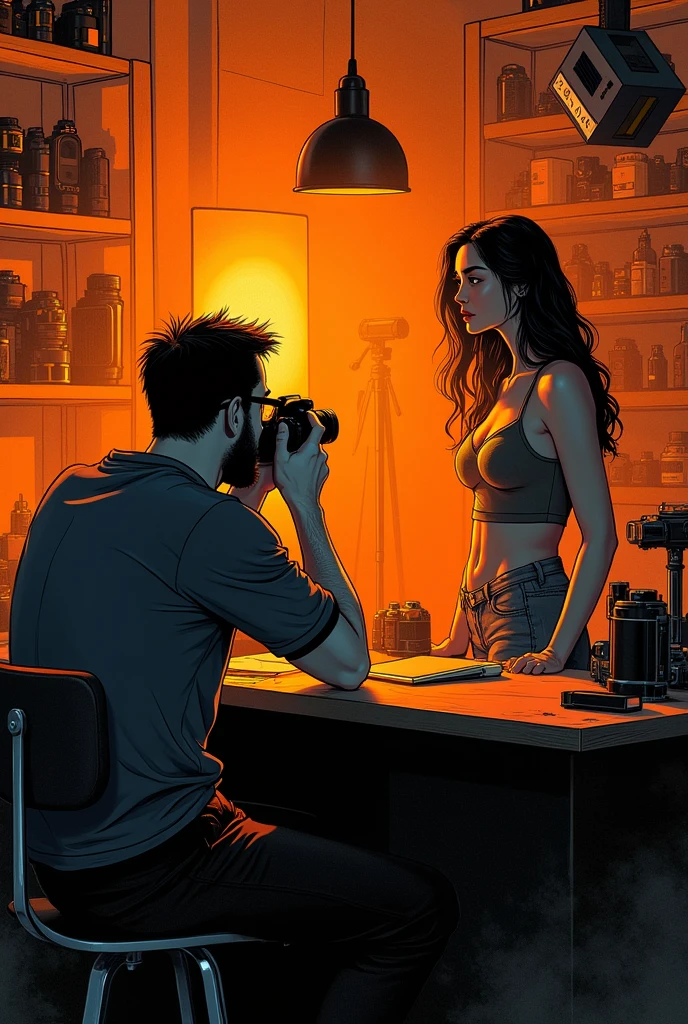 There is a 30-year-old photographer，Photographing a beautiful woman，Photographer with short beard,  short hair, (slightly overweight), wear glasses, Sit at the bar，Directing a model,, In his studio, With tripod，Using the Camera, There are many cameras in the cabinet，Popular on Art Station, Play Techno House Music, Music playing, listen to music, Milton Caniff (Milton Caniff) Beautiful illustrations, Duotone, Two colors, Black and Orange, , , ink, masterpiece