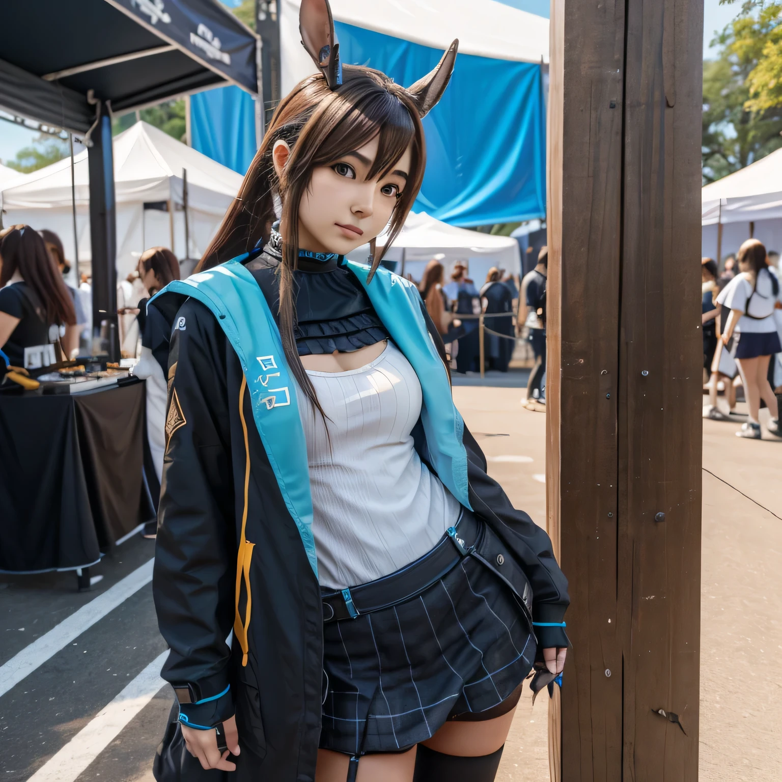 Amiya arknights, cosplay, small round breasts, leaning on wall, festival event expo, outdoors, sunny day.