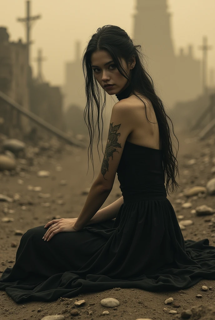 arafed woman sitting on the ground in a black dress, sepia photography, inspired by Luis Royo, sepia toned, sepia tone, sepia, in style of luis royo, sepia colors, fantasy photoshoot, style of luis royo, sepia tones, old sepia photography, sepia sunshine, in a post apocalyptic setting