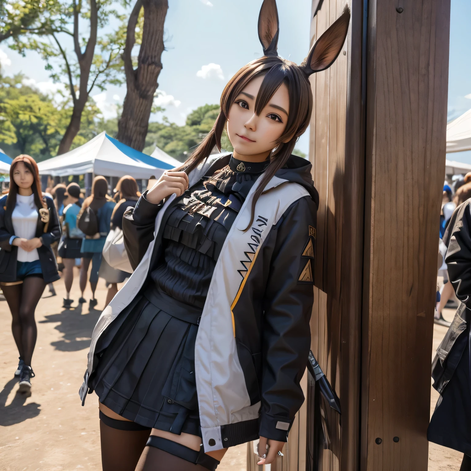 Amiya arknights, cosplay, small round breasts, leaning on wall, festival event expo, outdoors, sunny day.