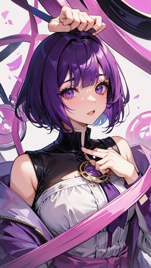 One person, One personで, High resolution, Purple eyes, Purple Hair、Bob Hair、Lady、Hime cut､Slanted Eyes, Heavy breathing, Hair that falls over the shoulders, Deco bangs, Anime Style, 