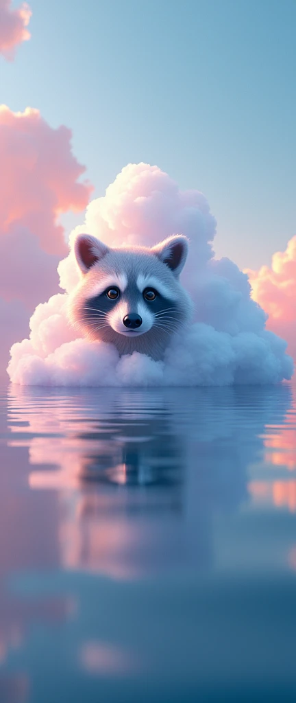 A mesmerizing conceptual art piece that masterfully captures the entrancing transformation of colorful smokey wisps into an awe-inspiring scene. The serene beauty of dawn is brilliantly depicted over a tranquil sea, with the foreground featuring an adorable cloud shaped like a gleaming cute extra fluffy baby realistic raccoon. This delicate cloud, adorned with delicate blue hues, emits a tender warmth that embodies the essence of early morning light. The dreamy romanticism of the scene is heightened by the captivating cloud, which floats above the sea that mirrors its ethereal colors. The faint horizon, bathed in the gentle light of dawn, further enhances the mystical ambiance, creating a captivating and enchanting scene that seamlessly, photo, 3d render, conceptual art