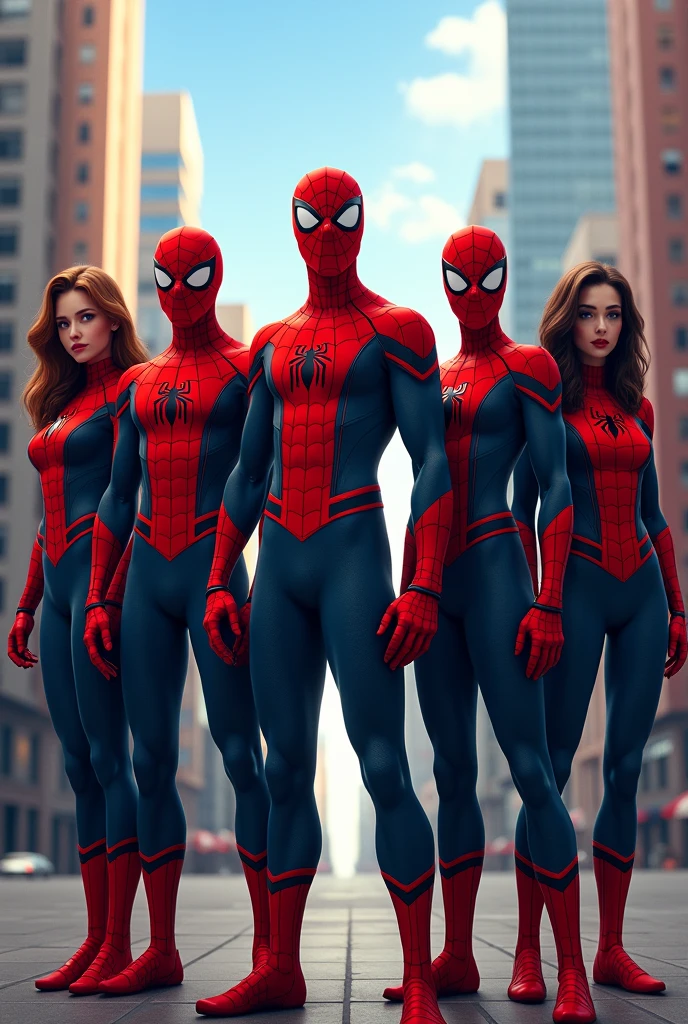 2 male spiderman and 3 female spiderman in one pic in a row