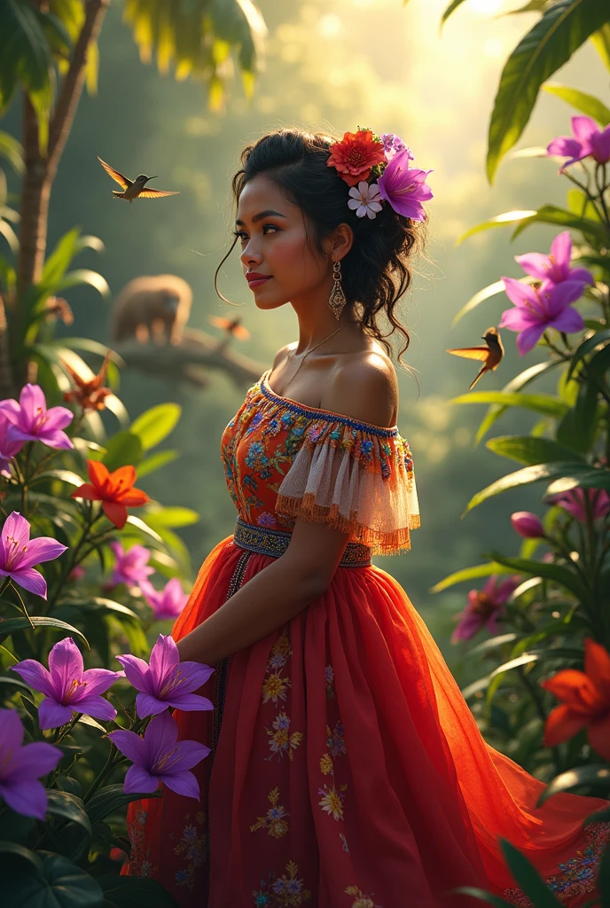 Create an image of a lady in a typical Costa Rican costume with Costa Rican backgrounds with purple guarias, hummingbirds and a sloth bear