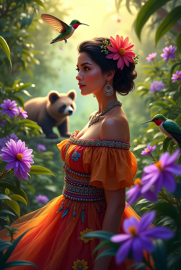 Create an image of a lady in a typical Costa Rican costume with Costa Rican backgrounds with purple guarias, hummingbirds and a sloth bear 