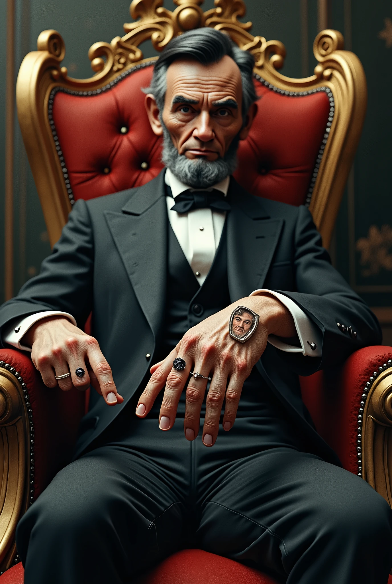 Recreate an image of Abraham Lincoln sitting on a throne with rings so that his image can be seen on his hand with the ring and his photo is taken from this hand a little further away