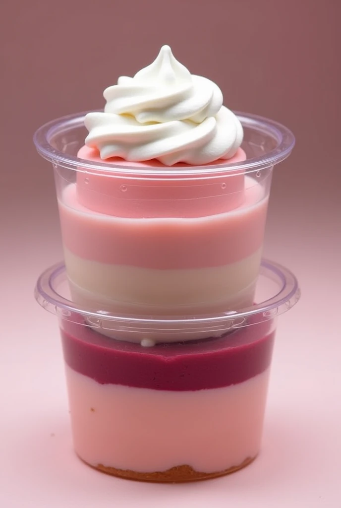 Clear plastic dessert container, It has two levels of guava cream inside., first layer is pink, second layer of burgundy color and white meringue decoration.