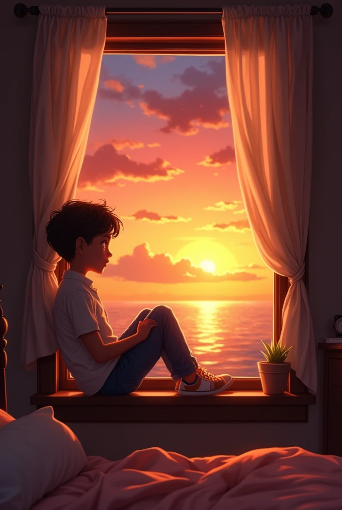 A 12 year old boy sit in the wall and the background is sunset
Add a room and he will sit at window
Add a realistic sunset