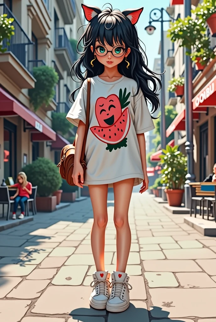 (masterpiece, best quality, Very detailed),one ,Solitary,Very short stature,I'I 11 岁,Big wavy hair,Long slender legs,White Oversized Printed T-Shirt,Watermelon dress and Nike sneakers,Off-shoulder,bag,Black Hair,Grunge Messy Wolf Hairstyle,Fashion glasses,Iris,(blush),Impressionism,City Streets,Scars and gestures,Cute girls' visible,