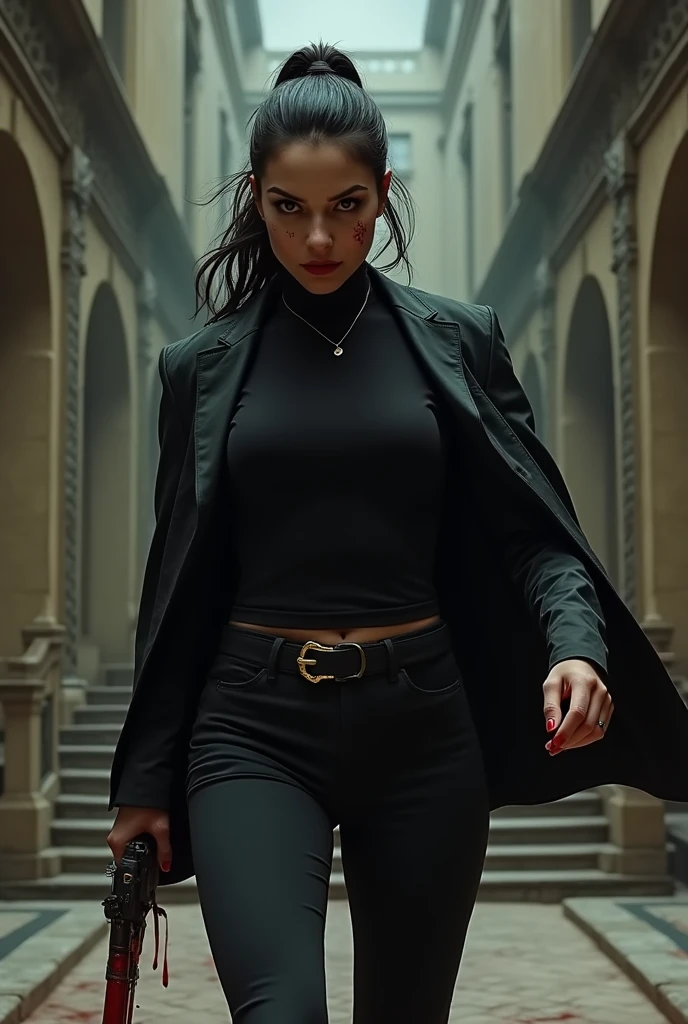 A mafia queen with a black high neck t shirt fighting suit without showing chest wearing a jacket
holding a bloody weapon walking in castle stairs scars on face