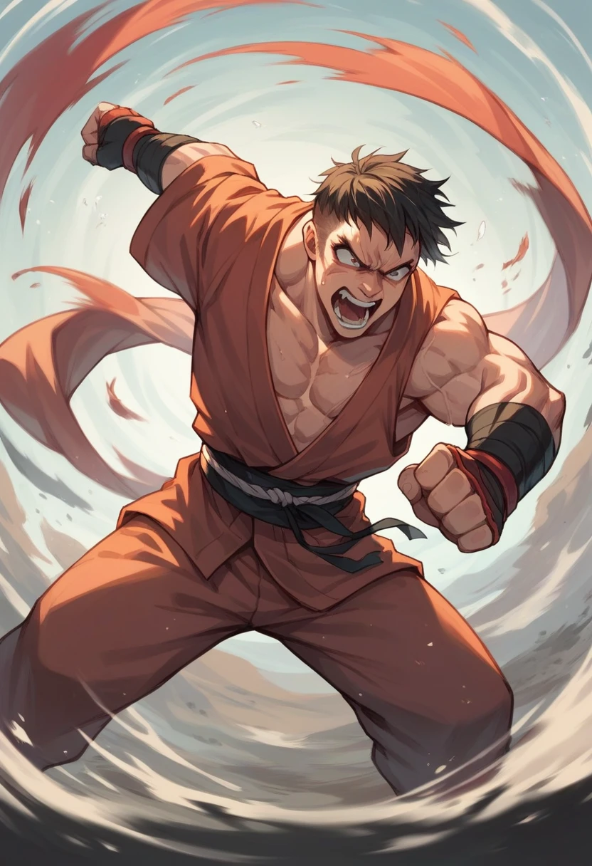 Martial arts fighter in attack stance screaming on battlefield