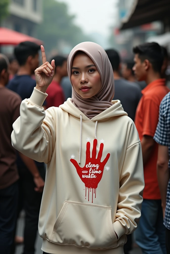 A hijaber indonesian pretty woman, wearing a cream hoodie with a strong vector design featuring a silhouetted image of a five-fingered palm in white colour with red love and starlight. The phrase "ELENG LIMO WAKTU" is displayed in bold simple elegand, distressed typography with pastel colours, while holding her hoodie, wearing hijab, one-handed pose pointing upwards, in a public place, surrounded by many men, sexy, jav idol, with a frontal shooting angle, very realistic, (complex detail: 0.9), (hdr, hyperdetail: 1.2), RAW, Sony Alpha a9 II, 24-105mm f/4, HDR,