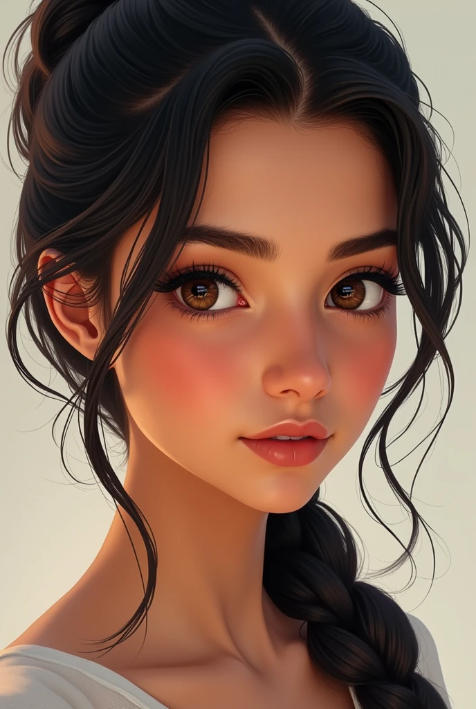 Create a close-up illustration of a beautiful 16-year-old South Asian girl brown girl . She has carefully styled her hair into a neat ponytail. The image should capture her looking straight at the viewer with a hint of curiosity and determination in her eyes.