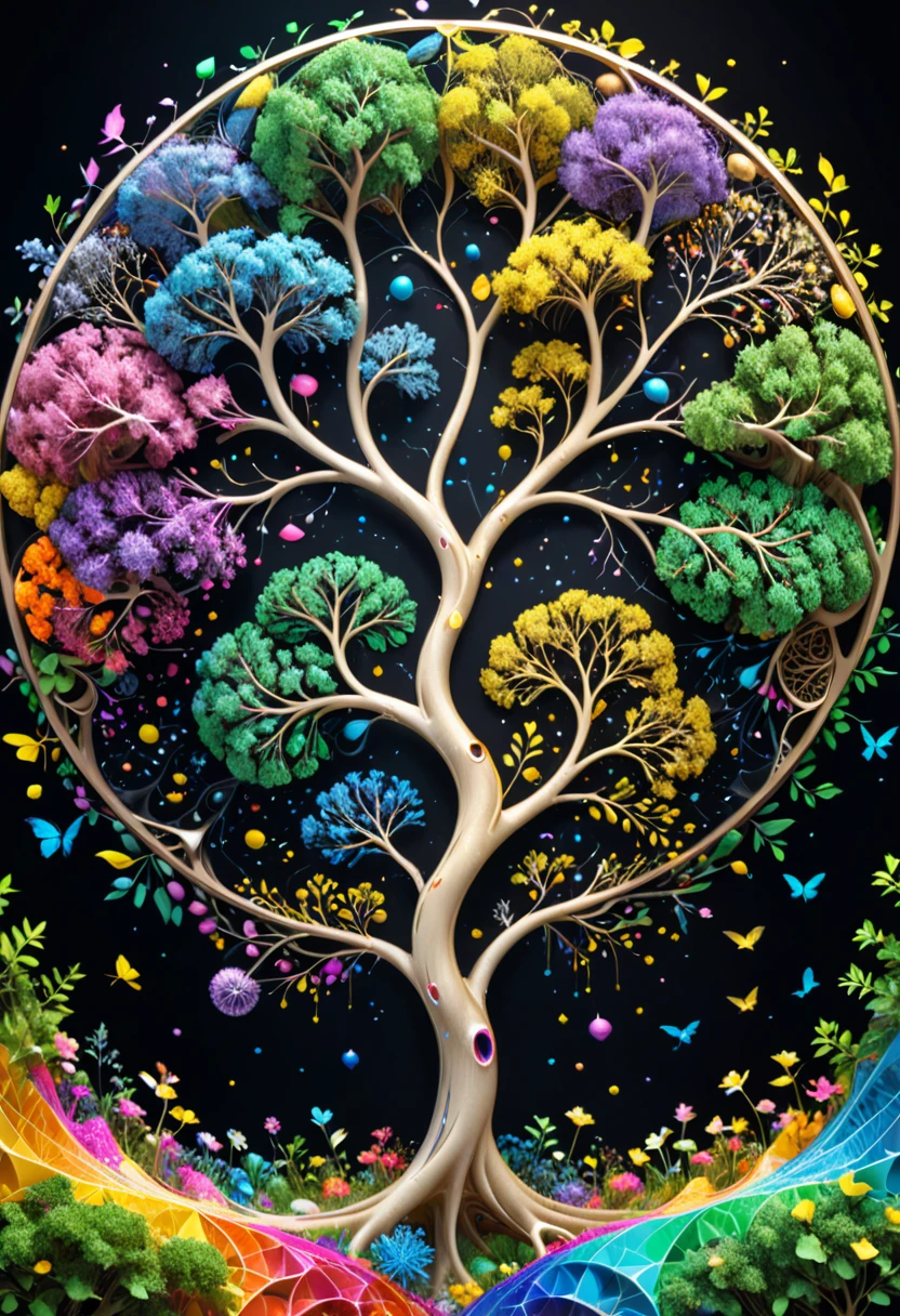 (Evolution of life)、Fibonacci、the golden ratio、melted wax、Visible brush strokes、3D tessellation wireframe、neural graphic、neurons、The Tree of Life、Farbe、tenderness、passion、The ultra -The high-definition、8K UHD、​masterpiece