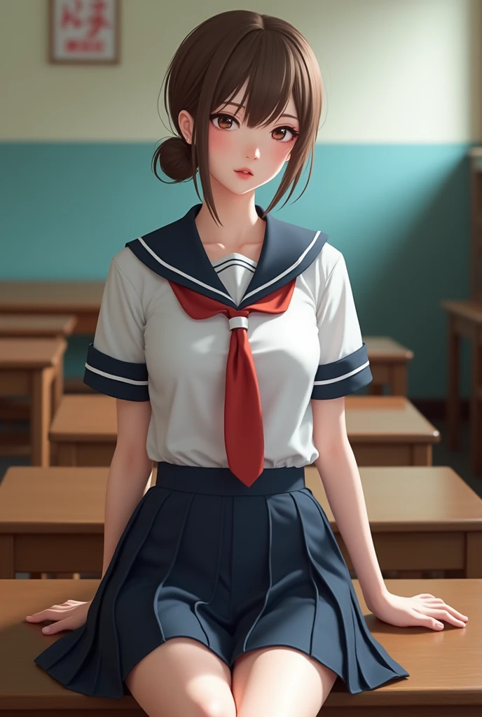 ((A Japan)), cute girls,  (Japanese woman of :1.2), (((schoolar uniform), (white  shirt), (navy blue pleated skirt), mini-skirt, (red necktie), Facing the camera, perfection female form, face of perfection, bright pink lips, expressive eyes, ombre, eyeliner, (huge natural breasts:1.3), (narrow waisted), Light brown bun hair, (really short hair), (pixie cut), expressive hair, (Rim glasses), mole under the eye, eyeball, (looking ahead at viewer, upturned eyes, gaping mouth), burlas, spread your legs open, class room, ultra HD, work of art, precise, anatomically correcte, texturized skin, super detaill, High details, high qualiy, best qualityer,