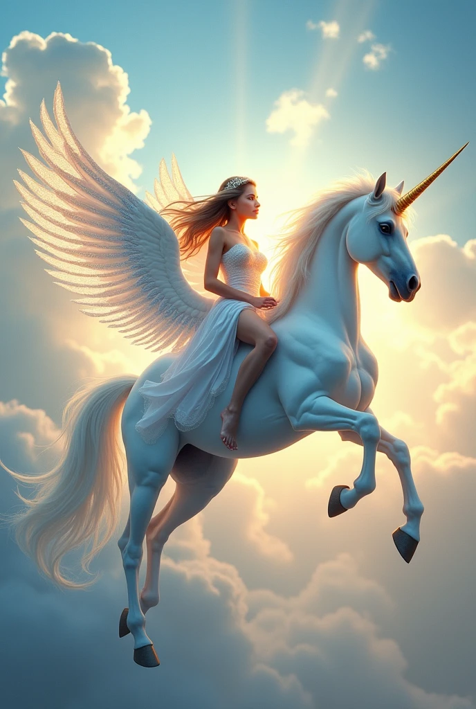 A white unicorn with blue and gold wings. It have a a goldern horn. This unicorn is flying around a beautiful girl.