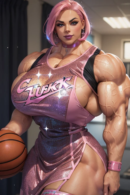 ((Close-up)), tall, (shocking pink hair) beautiful muscular woman, angled bob cut, brown skinned, (closed smile), large breast, (black lipstick), (massive muscles), (hyper muscle), (ginormous bulky muscles), blue eyes, (((sparkly pink basketball jersey dress))), pink wristbands, choker, sneakers, (in a dormitory) in the morning, 