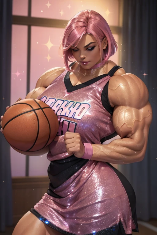 ((Close-up)), tall, (shocking pink hair) beautiful muscular woman, angled bob cut, brown skinned, (closed smile), large breast, (black lipstick), (massive muscles), (hyper muscle), (ginormous bulky muscles), blue eyes, (((sparkly pink basketball jersey dress))), pink wristbands, choker, sneakers, (in a dormitory) in the morning,