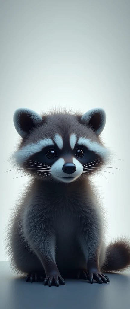 A captivating photograph of a cute extra fluffy baby realistic raccoon silhouette, embodying pure bliss, is both radiant and captivating. The artist's minimalist approach with plastic film creates a light, delicate composition, framed by a soft grey background that glows ethereally. The dark blue wet foil effect adds depth and texture, enhancing the artwork's overall impact. A whisper of fashion is interwoven with the piece, as the minimalist elegantly .This stunning masterpiece, a harmonious blend of conceptual art, celebrates the happy soul., conceptual art, photo, 3d render