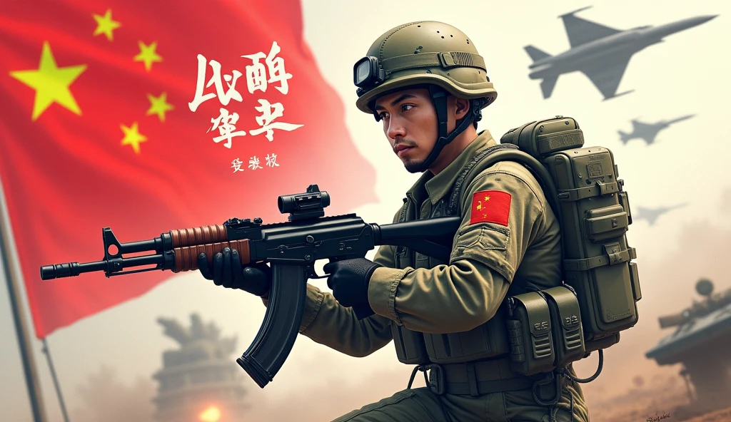 (背景是透明的)(图中有一个完整的,该地图是红色的，左边是五星红旗) (一个身穿迷彩服军装的中国人手持AK47冲锋枪动漫形象)(画面中文标语："若有战,召必回!",字体必须苍劲有力)(整个画面看起来非常有爱怀)(整幅画面有高科技含量,后面全是高科技飞机大炮，非常夸张)