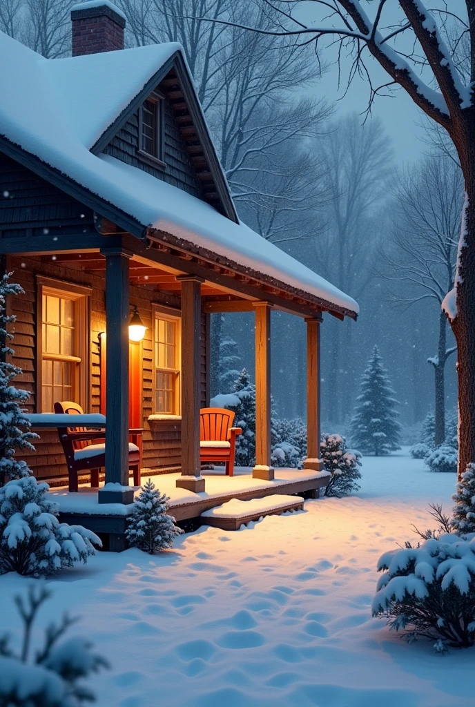 snowy covered porch with chairs and fireplace in winter setting, a digital rendering inspired by Terry Redlin, shutterstock, digital art, snowfall at night, outside in snow snowing, winter setting, cozy setting, cozy and peaceful atmosphere, snowy night, light snowfall, cozy place, atmospheric cold lighting, cozy atmospheric, warm beautiful scene, winter night, perfect lighting in a snow storm