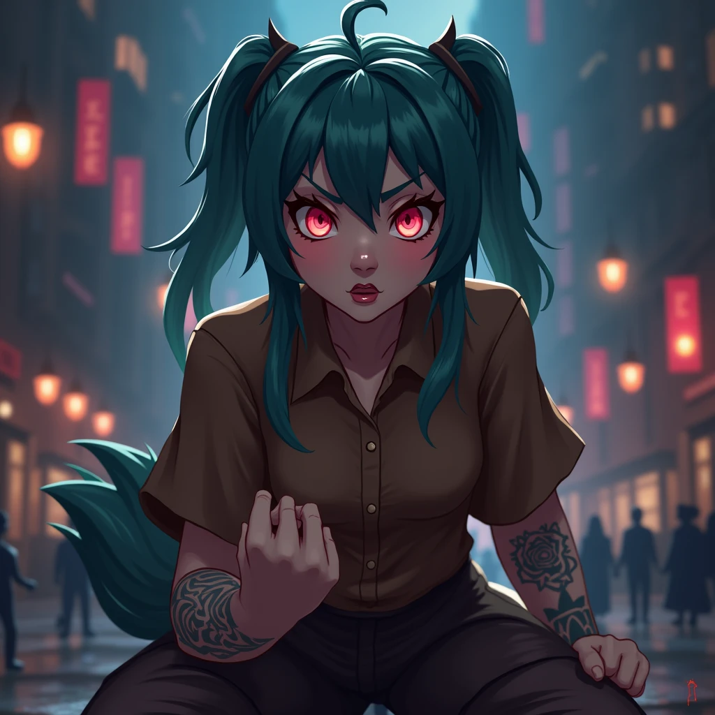 Kneel down, Get on all fours, Arcane style, Fantasy City, night, Fiery red pupils, At full height (Whole body 1.1.), Fingers clenched into fists, Middle finger gesture, explode, flash, 1 girl, Tattoo on arm, Asymmetrical bangs, Pompadour, Blue fur, Weaving, Brown shirt, Nube de Tattoos, Look at the audience, Mad Hatter, Uneasy expression, night, City, Green fur, Long hair, In your stomach, Pink Eyes, Red lips, shirt, Solitary, permanent, Tattoo, twin Weavings, Upper body, Lasso against the eye, eye \(League of Legends\), Fondo de pantalla CG unity 8k Extremely detailed, Detailed light, Cinematography lighting, Chromatic Aberration, sparkling, Poker face, Epic creation, Dark background, Cherecter Design, Very detailed, Detailed body, energetic, Detailed face, Clear focus, Animation Art, energetic, Detailed face, Holiday details, Clear focus, Facial sagging, Detailed eyes, Super beautiful illustrations, The best shadow, Detailed, Exquisite and detailed glow, Exquisite and detailed, Extremely detailed, Poker face, Epic creation, Art Station Selection, Octane Rendering, Art Station HD, Cinematography, 4K., Ultra Minimalists, elegant