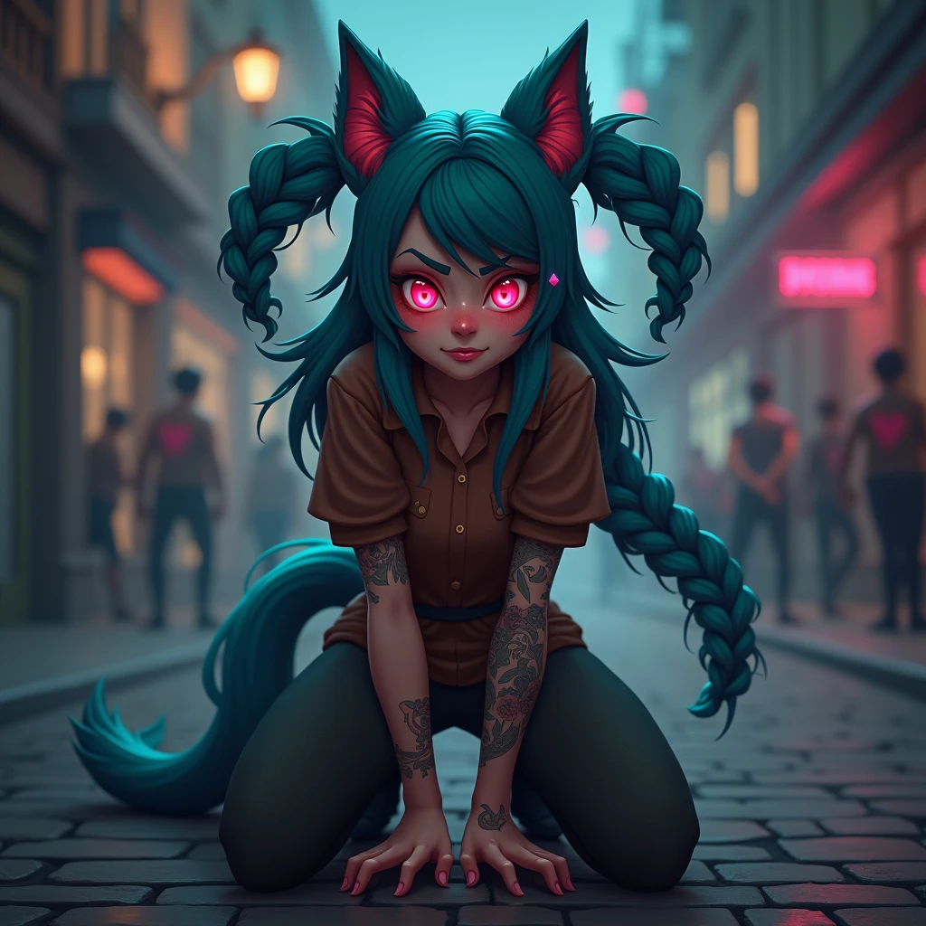 Kneel down, Get on all fours, Arcane style, Fantasy City, night, Fiery red pupils, At full height (Whole body 1.1.), Fingers clenched into fists, Middle finger gesture, explode, flash, 1 girl, Tattoo on arm, Asymmetrical bangs, Pompadour, Blue fur, Weaving, Brown shirt, Nube de Tattoos, Look at the audience, Mad Hatter, Uneasy expression, night, City, Green fur, Long hair, In your stomach, Pink Eyes, Red lips, shirt, Solitary, permanent, Tattoo, twin Weavings, Upper body, Lasso against the eye, eye \(League of Legends\), Fondo de pantalla CG unity 8k Extremely detailed, Detailed light, Cinematography lighting, Chromatic Aberration, sparkling, Poker face, Epic creation, Dark background, Cherecter Design, Very detailed, Detailed body, energetic, Detailed face, Clear focus, Animation Art, energetic, Detailed face, Holiday details, Clear focus, Facial sagging, Detailed eyes, Super beautiful illustrations, The best shadow, Detailed, Exquisite and detailed glow, Exquisite and detailed, Extremely detailed, Poker face, Epic creation, Art Station Selection, Octane Rendering, Art Station HD, Cinematography, 4K., Ultra Minimalists, elegant