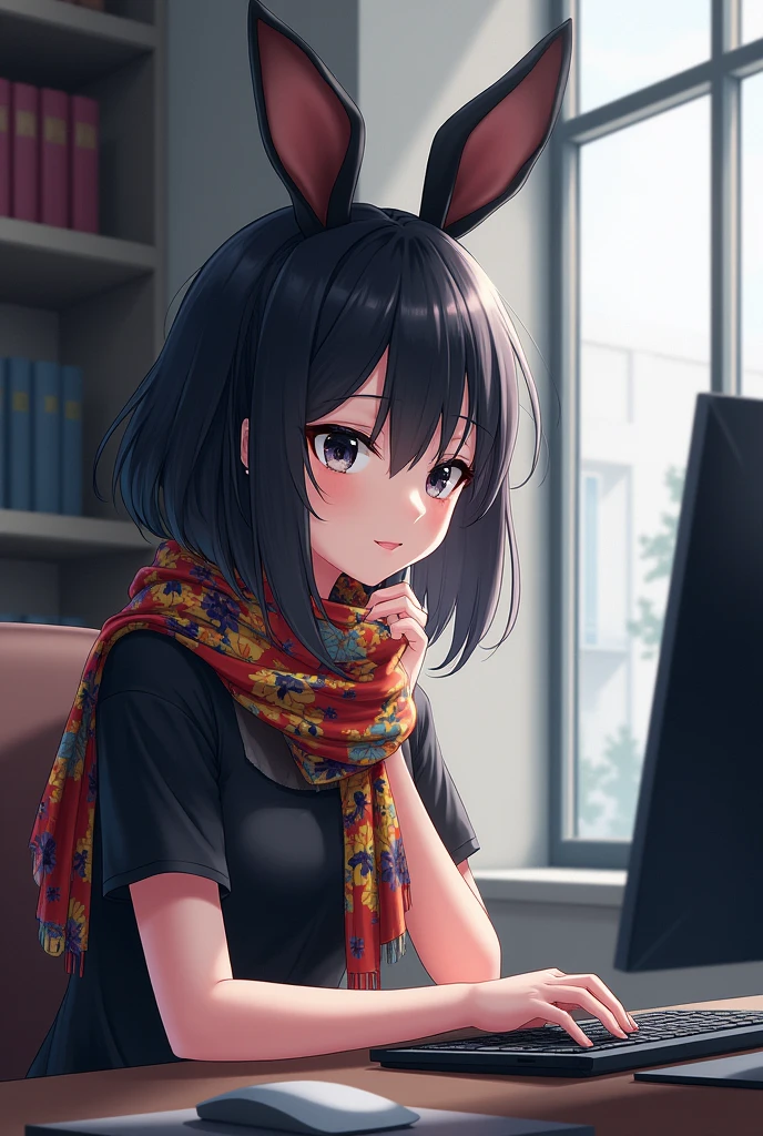 Black medium long hair with black rabbit ears and black eyes, ustida moviy fudbolka boynida gulli rang barang sharf chiroyli qiz computer qarab Katta bino ichida deraza yonida otiribti