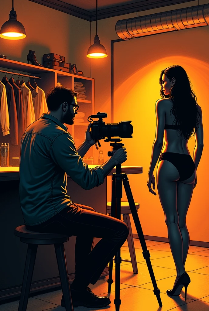 There is a 40-year-old photographer,Photographing a beautiful woman,Photographer with short beard, short hair, (slightly overweight), wear glasses, Sit at the bar,Directing a model,, In his studio, With tripod,Using the Camera, There are a lot of clothes and high heels in the closet,Popular on Art Station, Play Techno House Music, Music playing, listen to music, Milton Caniff (Milton Caniff) Beautiful illustrations, Duotone, Two colors, Black and Orange, , , ink, masterpiece