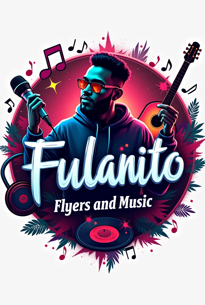 - **Texto "Fulanito"**: Colocado en el centro, con una fuente moderna y llamativa.
- **Géneros musicales**: Representados con íconos o pequeños gráficos que rodeen el texto principal, incluyendo notas musicales, guitarras, micrófonos, vinilos, auriculares, etc.
- **Texto "Flyers and music"**: Integrado en la parte inferior del logo o en un banner que rodee el diseño principal.
Que tenga una persona de fondo y que sea de tamaño 2 x 2 redondo y que tenga mucho que ver con musica