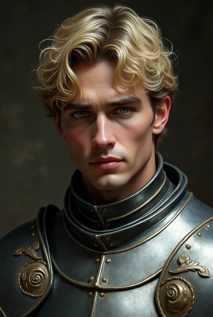 Handsome Italian soldier, 26 years old, defined chin, Roman beauty, blond hair and intense green eyes. Wearing medieval steel armor, with melancholic expression and sad eyes