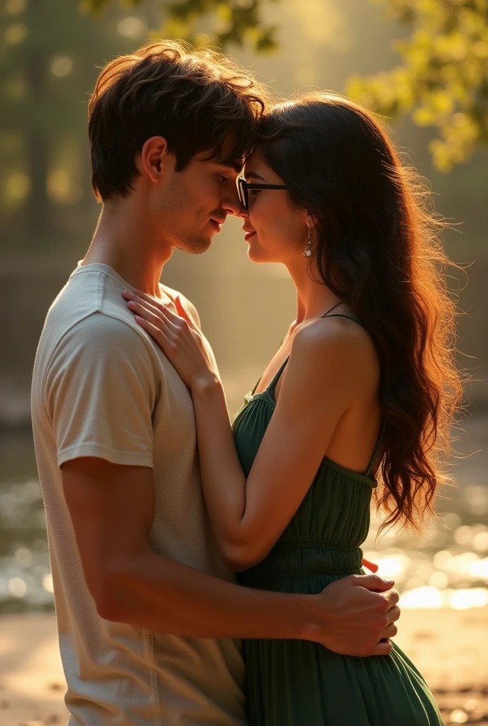 Realistik ultra HD fotograpy A brown haired youngman 20 YO in a t-shirt and a youngwoman with glasses and green pants short dress hot wet hugging berpelukan erat,romantis,